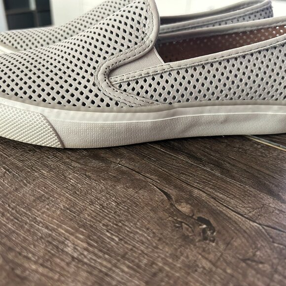 Sperry Seaside Perforated Leather Grey Slide On Shoes - Picture 5 of 7